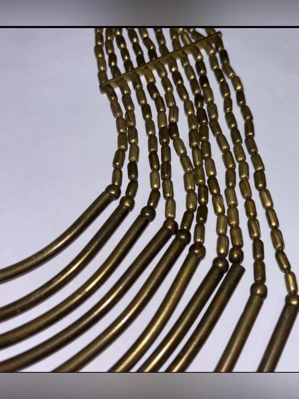 Vintage Metal Beads Curved Bars Tiered Antiqued Gold Tone Bib Statement Necklace